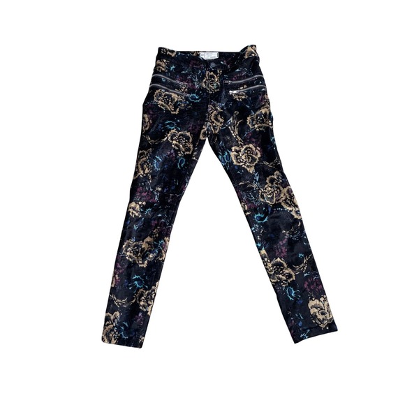 Free People Denim - Free People Velvet Floral Skinny Pants Women Size 6 Black Gold Zipper Detail